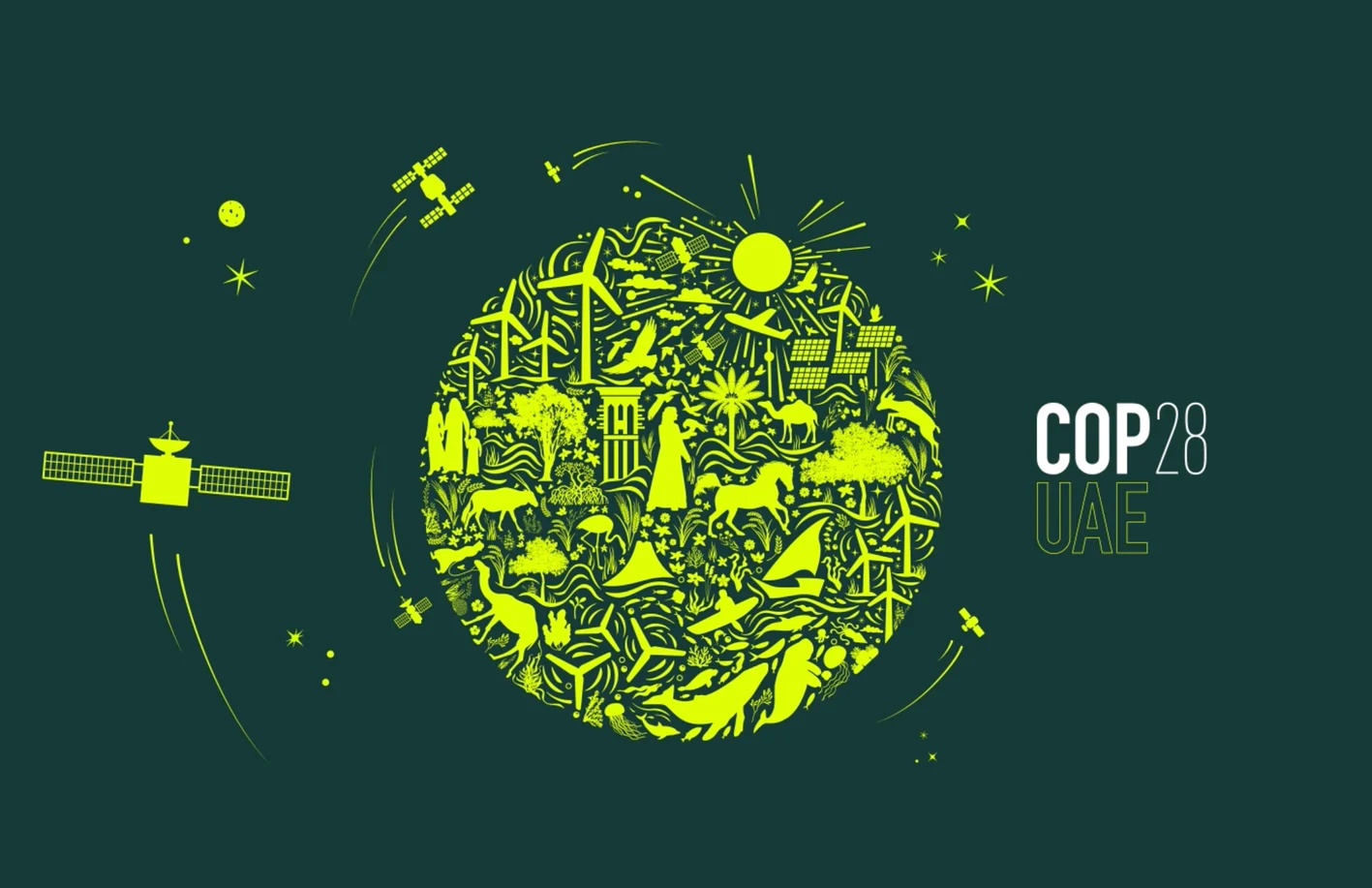 identidade gráfica do evento COP28: planeta composto por simplificações gráficas de pessoas, animais, plantas, ferramentas de produção de energia renovável e outros